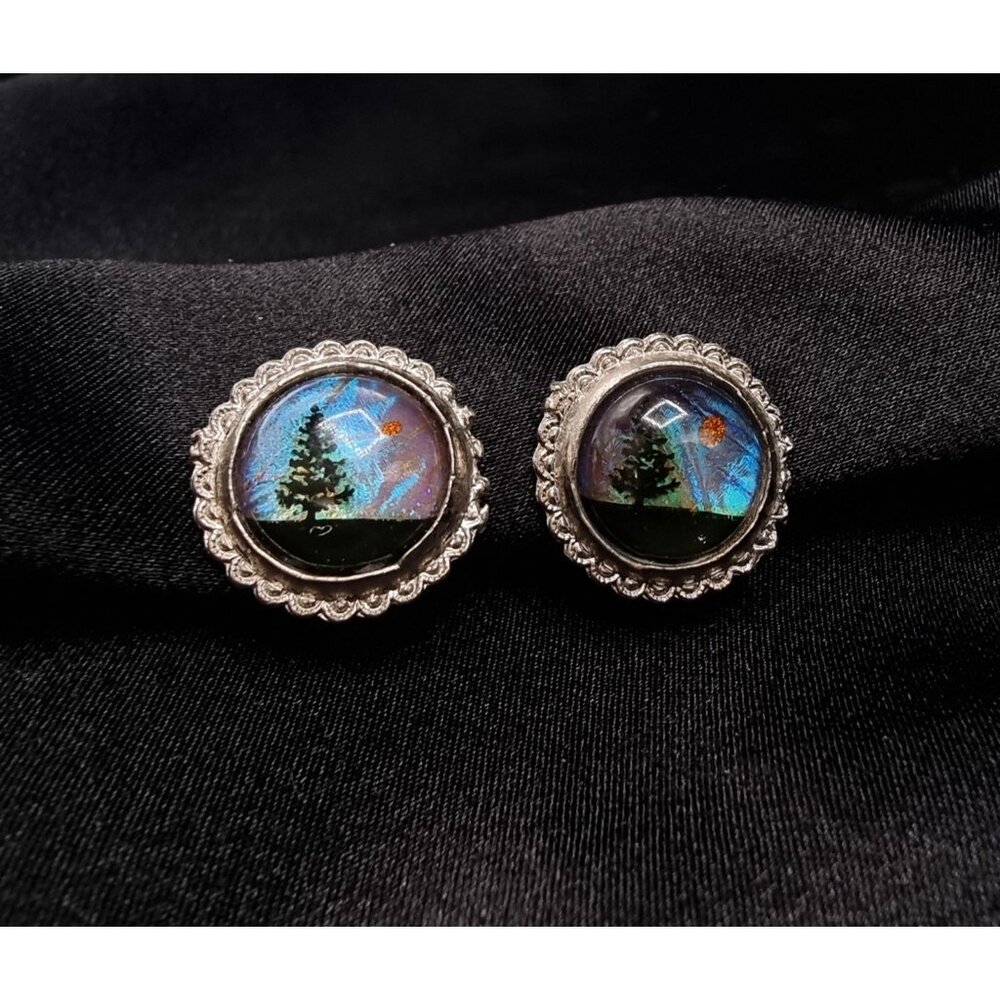 Vintage Silver-Tone Round Earrings With Scenic Forest Design & Iridescent Finish